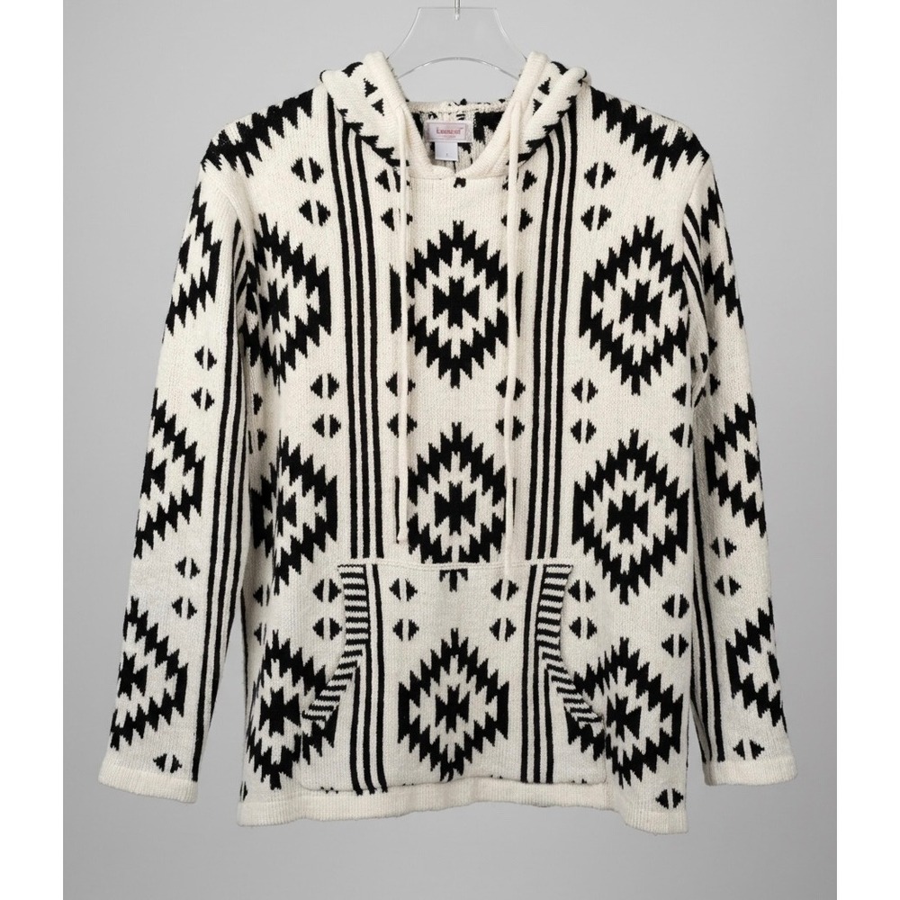 Kamana Aztec Tribal Geometric Knit Oversize Hooded Sweater Black White NWT Small
